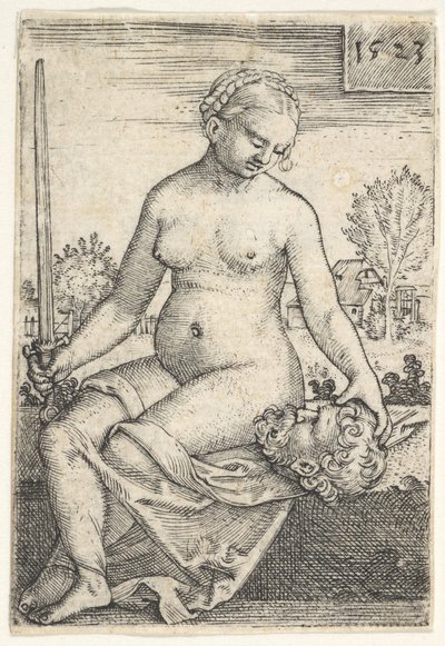 Judith, siddende nøgen med et sværd i højre hånd, stirrede ned i hovedet af Holofernes ..., 1523. af Barthel Beham