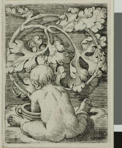 Nøgent barn, set bagfra siddende foran et fartøj af Barthel Beham