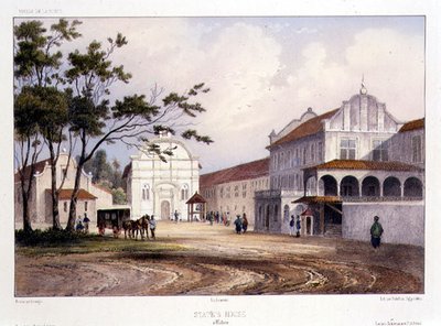 Statens hus i Malacca, graveret af Alfred Leon Lemercier, ca. 1840 (håndkoloreret litho) af Barthelemy (after) Lauvergne