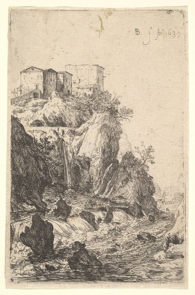 Kaskader nær Ponte della Trave, med bygninger på et klippefremspring ovenover, fra serien ..., 1639. af Bartholomeus Breenbergh