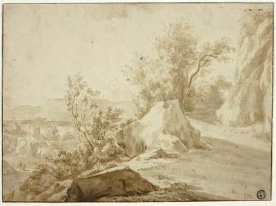 Klipper og bjergsti, figurer og by nedenfor af Bartholomeus Breenbergh