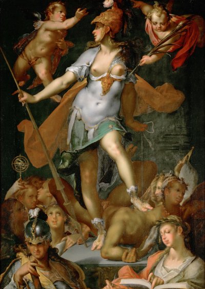 Tysk: Minerva sejrer over uvidenhed Minerva sejrer over uvidenhed af Bartholomeus Spranger