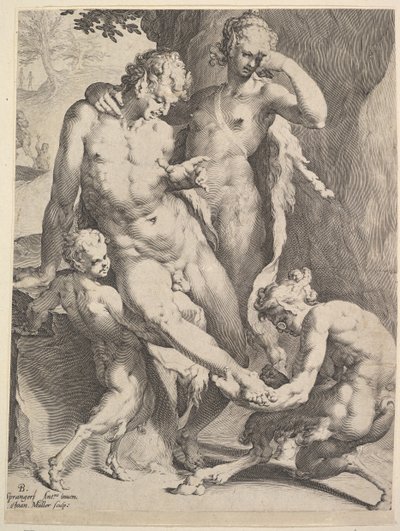 Oreads, der fjerner en torn fra en Satyrs fod, 1590 af Bartholomeus Spranger
