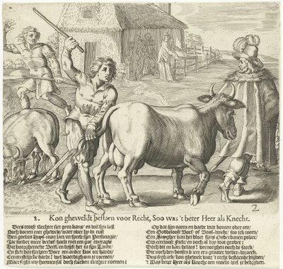 Fogeden fører bondens ko væk 2. Kunne gheweldt eksistere for Retfærdighed, Soo det var bedre Heer als Servant (titel på objekt) af Bartholomeus Willemsz. Dolendo