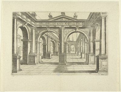 Bygning med dobbelt bue i midten i dorisk stil Perspektiv, del 2 (serietitel) af Bartholomeus Willemsz. Dolendo