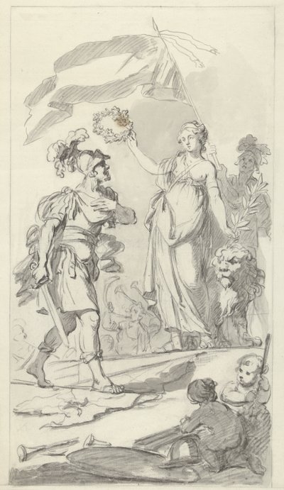 Den modige Batavian kronet af den hollandske jomfru, 1799 Design til monumentet ved den nationale festival, der fejrer freden den 17. december 1799 (serietitel) af Bartholomeus Ziesenis