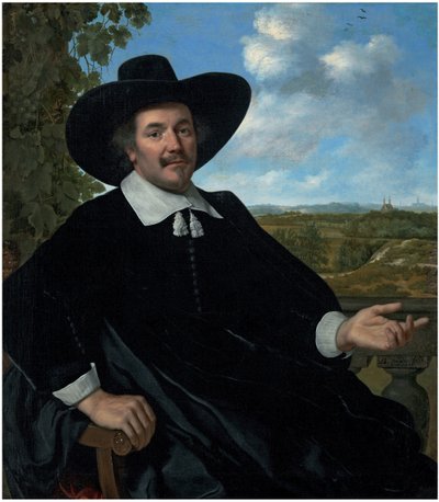 Portræt af Gabriel Marselis, trekvart længde, siddende, foran en balustrade, et landskab med et landsted og en fjern udsigt over Haarlem bagved af Bartholomeus van der Helst