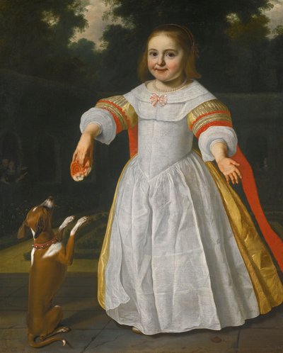 Portræt af en pige med en brødbolle og en hund af Bartholomeus van der Helst