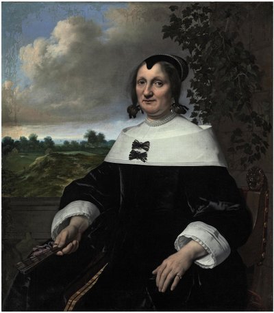 Portræt af en dame, sandsynligvis Hester du Pire, siddende foran en balustrade med en vifte i hånden og med udsigt til havet. af Bartholomeus van der Helst