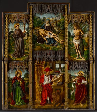 Bærbar altertavle: Pietà, Saints Francis, Sebastian, Johannes Evangelisten, Hieronymus og Johannes Døberen, ca. 1500 af Bartolomé Bermejo
