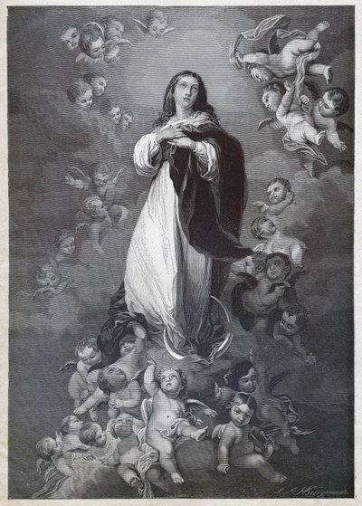 Den ubesmittede undfangelse. (gravering, omkring 1900) af Bartolome Esteban (after) Murillo