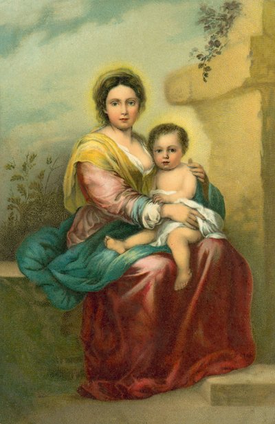 Jomfruen og barnet (chromolitho) af Bartolome Esteban (after) Murillo