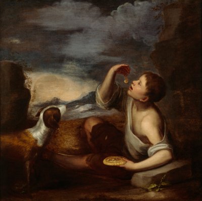 En spansk dreng og en hund (olie på lærred) af Bartolome Esteban (attr. to) Murillo
