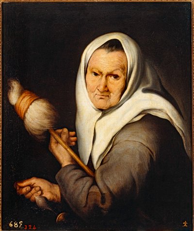 Gammel kvinde, der væver ... (olie på lærred) af Bartolomé Esteban Murillo