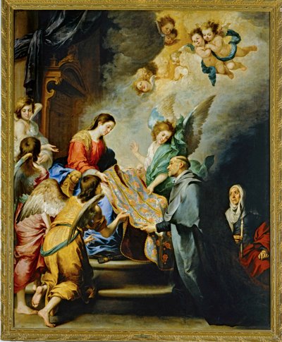 Jomfru Marias nedstigning for at belønne Sankt Ildefonso af Toledos skrift ... (maleri på lærred) af Bartolomé Esteban Murillo