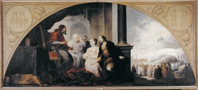 Grundlaget for Santa Maria Maggiore (basilikaen Santa Maria Maggiore). Patrician Johannes og hans kone afslørede for pave Libere (Liberius) af Rom (pave af 352-366) ledsaget af 2 gejstlige deres drøm. Maleri af Bartolome Esteban Murillo (1617-1682 af Bartolomé Esteban Murillo
