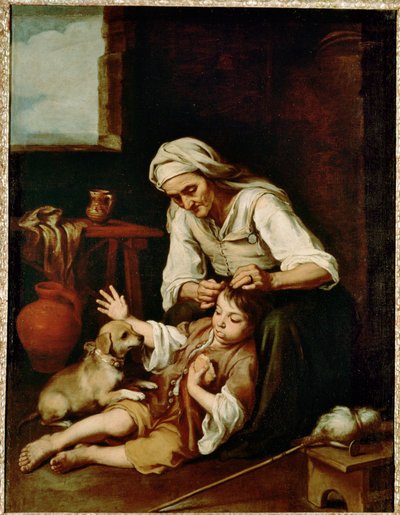 Vieja espulgando a un nino - en gammel kvinde renser en drengs hår ... (maleri på lærred) af Bartolomé Esteban Murillo
