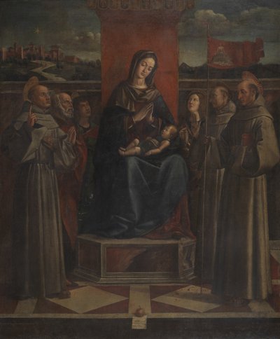 Jomfru og barn på tronen med seks hellige, ca. 1500 (olie på lærred) af Bartolomeo (attr. to) Montagna