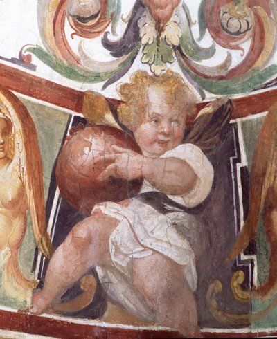 Studiolo-studiet af Francesco deMedici 1541-87 detalje af dekoration, der viser en putto, der holder en globus, 1564-75 fresco af Bartolomeo Ammannati