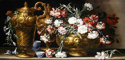 Stilleben med pink i etui og en florentinsk ædel på en afsats (olie på lærred) af Bartolomeo Bimbi