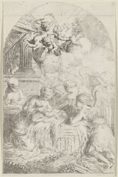 Kristusbarn tilbedt af tre engle af Bartolomeo Biscaino