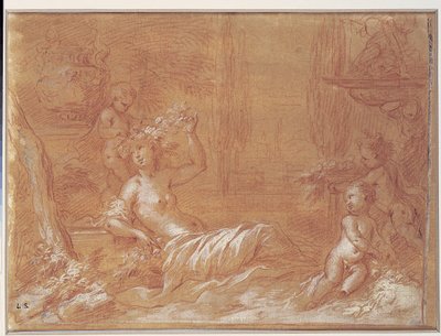 Liggende nymfe i en have med springvand, vase og tre amoriner af Bartolomeo Biscaino