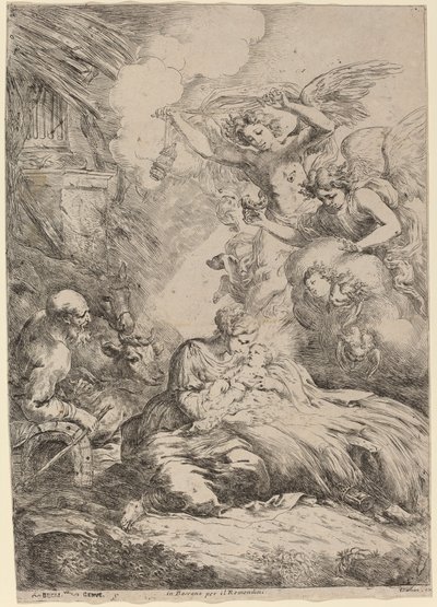 Den hellige familie tilbedt af engle (The Large Nativity) af Bartolomeo Biscaino