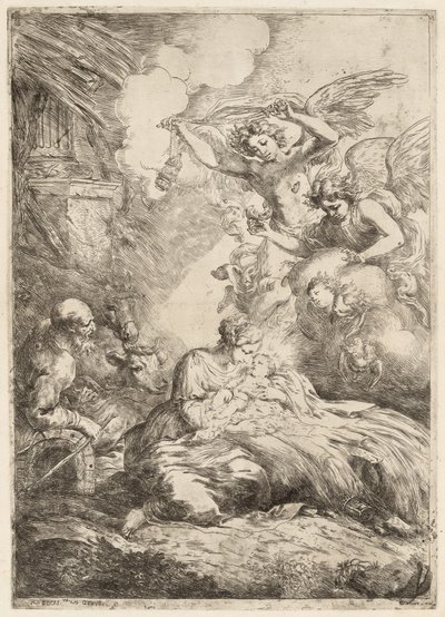 Den hellige familie tilbedt af engle Den store fødsel, ca. 1655. af Bartolomeo Biscaino