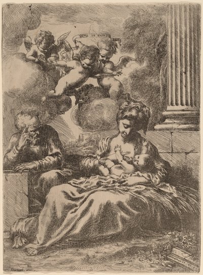 Den hellige familie ved en kolonne, ca. 1655. af Bartolomeo Biscaino
