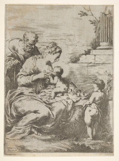 Den hellige familie med spædbarnet Johannes Døberen til højre, 1650-57. af Bartolomeo Biscaino