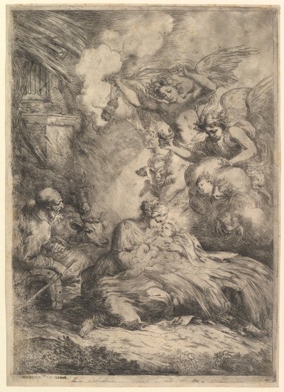 Fødselen med engle, 1650-57. af Bartolomeo Biscaino