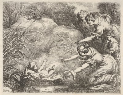 Fundet af Moses, der bliver reddet fra Nilen af Faraos datters tjenestepiger, 1650-57. af Bartolomeo Biscaino