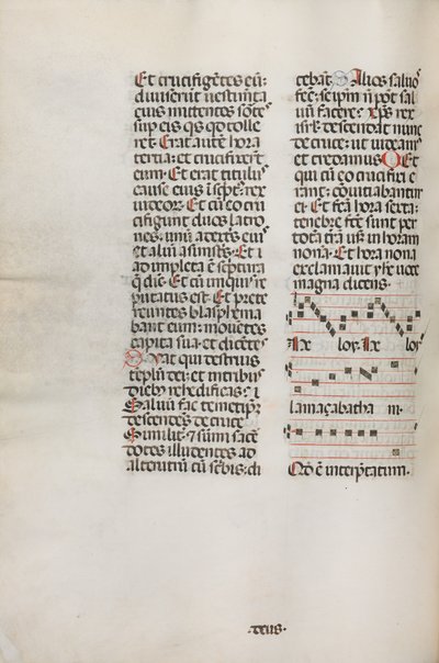 Missale: Fol. 128v: indeholder musik til Hely Hely Lama etc. indenfor St. Mattion Passion, 1469. af Bartolomeo Caporali