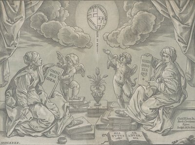 Allegori på en afhandling, to kvinder holder indskrevne tavler, 1640. af Bartolomeo Coriolano