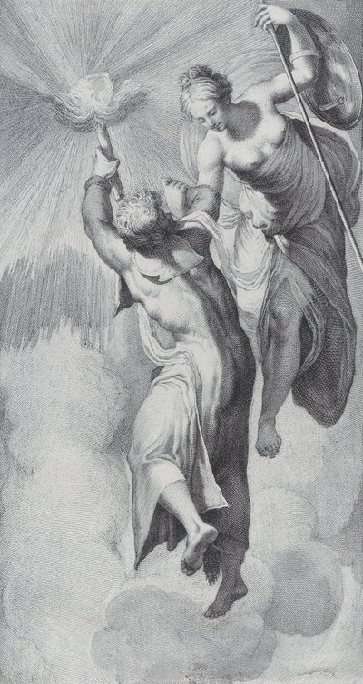 Minerva assisterer Prometheus, da han forsøger at stige i himlen, 1756. Skabere: Bartolomeo Crivellari, Gabriel Söderling. af Bartolomeo Crivellari, Gabriel Söderling