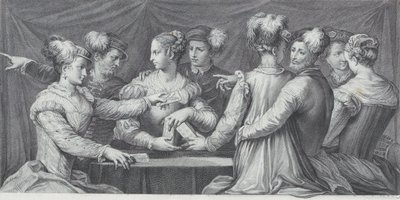 En gruppe elegant klædte mennesker, der spiller kort, 1740-68 af Bartolomeo Crivellari