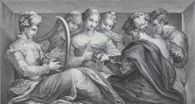 En gruppe elegant klædte mennesker, der spiller harpe og guitar, 1740-68 af Bartolomeo Crivellari