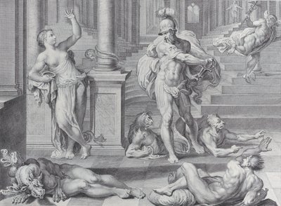 Plade 10: Ulysses tvinger Circe til at genoprette sine kammeraters menneskelige former, som hun havde ..., 1756 af Bartolomeo Crivellari