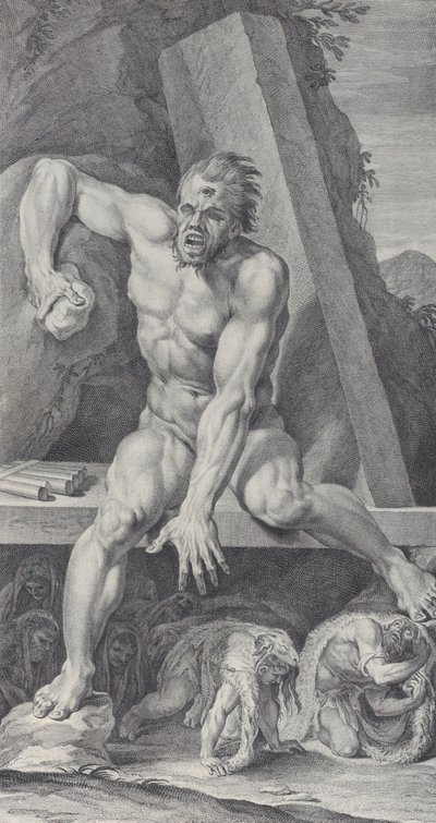Plade 7: den blindede Polyfem, der bevogter indgangen til sin hule, med Ulysses og hans..., 1756 af Bartolomeo Crivellari