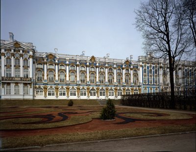 Udsigt over paladset Catherine (Tsarskoie Selo eller Tsarskoye Selo) realiseret af arkitekten Bartolomeo Francesco Rastrelli (ca. 1700-1771) 1752-1756, Pushkin (Pushkin) Rusland af Bartolomeo Franceso Rastrelli