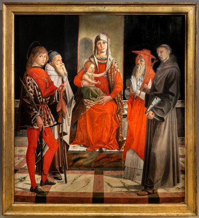 Tronet Madonna med spædbarnet Jesus blandt de hellige Ansanus, Anthony den Store, Hieronymus og Frans af Bartolomeo Montagna
