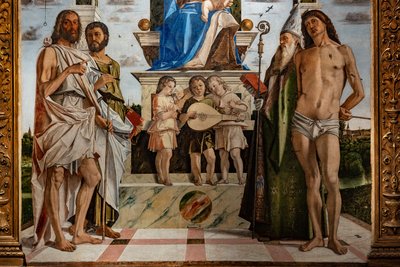 Madonna på tronen med spædbarnet Jesus blandt de hellige, detaljer af Bartolomeo Montagna