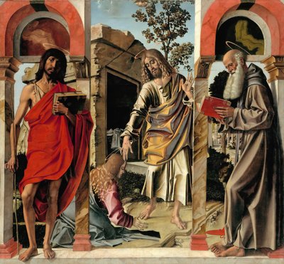 Opstandne Kristus med Maria Magdalena og de hellige Johannes Døberen og Hieronymus, ca. 1492 af Bartolomeo Montagna