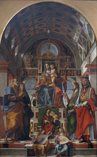 Jomfruen og barnet troner med helgener og engle, der laver musik, 1499. af Bartolomeo Montagna