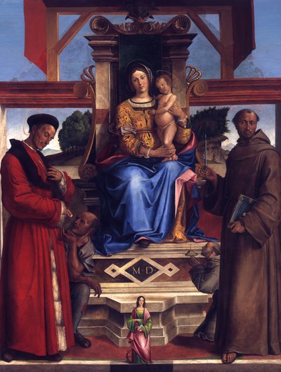 Den tronende Jomfru Maria med Barnet, de hellige Homobonus, Frans af Assisi, Katarina af Alexandria og donoren Bernadino da Feltre (død 1494) af Bartolomeo Montagna