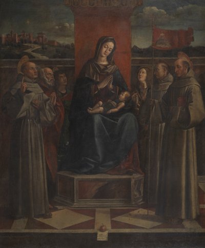 Jomfru og barn på tronen med seks hellige, ca. 1500 af Bartolomeo Montagna