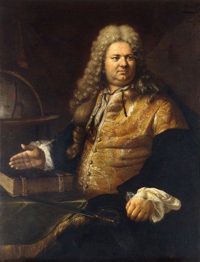 Portræt af en gentleman, der siges at være skuespilleren James Quin, i titelrollen i Addisons Cato, siddende i trekvart længde, i en brokadefrakke og grøn kappe ved et bord med et Wword, en bog og en globus af Bartolomeo Nazzari