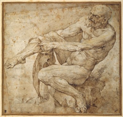 Nøgen mand trækker på sin slange efter Marcantonio Raimondi og Michelangelo Buonarroti (pen og brunt blæk på papir) af Bartolomeo Passarotti