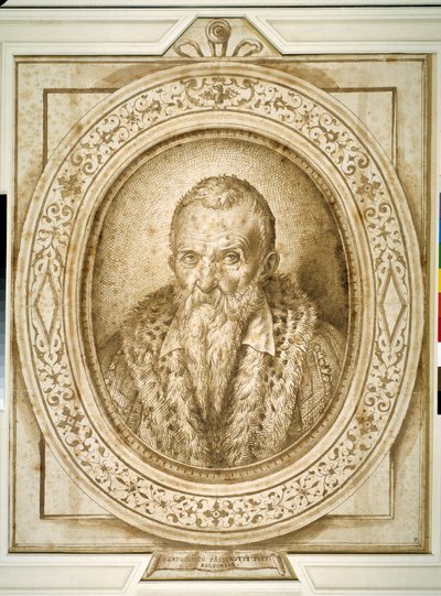 Selvportræt i alderdommen, med simuleret indramning (pen & brunt blæk på papir) af Bartolomeo Passarotti