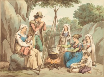 En bondefamilie laver mad over et lejrbål af Bartolomeo Pinelli